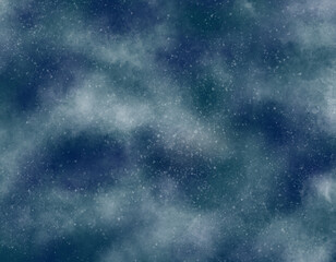 Abstract horizontal watercolor blue and green space background night sky with stars. Hand drawn digital watercolor. Neutral light colored empty space background illustration