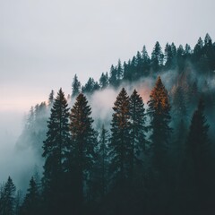 Misty pine forest on a mountain slope with soft sunlight filtering through the trees during early morning
