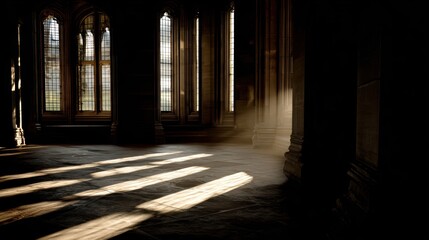 Obraz premium Sunlight streams through tall arched windows, casting dramatic shadows across the stone floor of a grand, empty hall