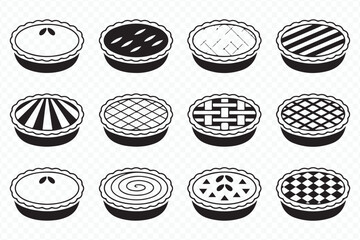 Set of 12 Minimal Pie Icons, Black and White Vector Illustrations for Food and Coloring pages