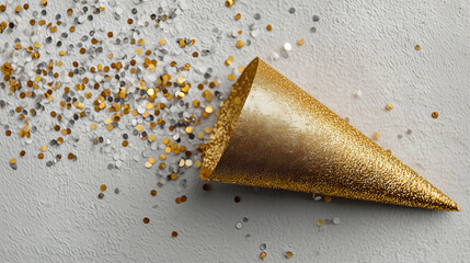 Gold Glitter Party Cone and Confetti on Gray Background