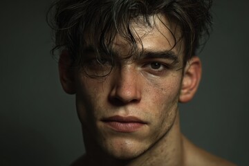 Fototapeta premium Male character with realistic features showing emotion in a neutral setting during an intense moment of contemplation