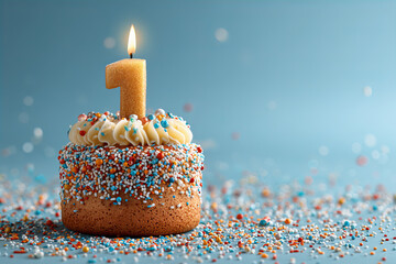 First Birthday Cake with Number One Candle and Sprinkles