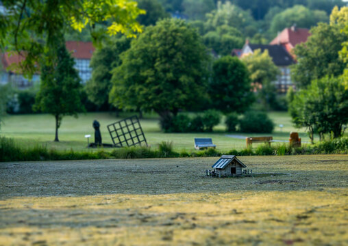 small wooden house on a small pond in the park in lamspringe