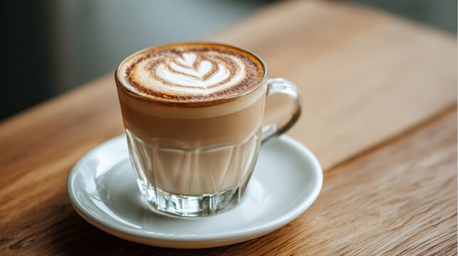 Stunning photo of glass cup of hot flat white coffee with latte art. Delicious beverage on white saucer. Perfect drink for morning breakfast. Image suitable for cafes, coffee.