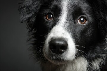 Close-up portrait of a charming Border Collie in a studio setting showcasing expressive eyes and distinct black and white fur