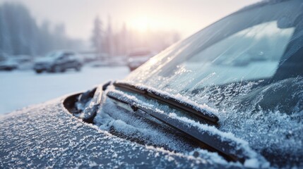 Stunning photo of frozen car windshield wipers covered snow. Winter morning car covered in snow and ice. Car blocked by snow, ice. Cold weather, transport issues, winter driving.