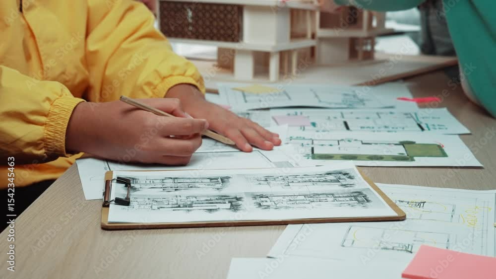 Aufkleber hands engaged in sketching architectural plans, showcasing a collaborative environment filled with m