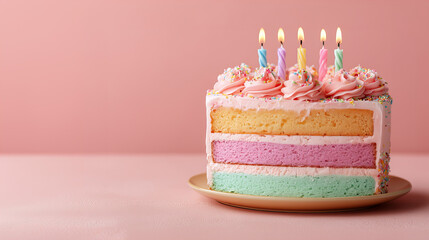 Pastel Layered Birthday Cake with Candles on Pink Background