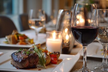 Elegant wine dinner featuring grilled steak, roasted vegetables, and warm ambiance in a cozy restaurant setting during the evening