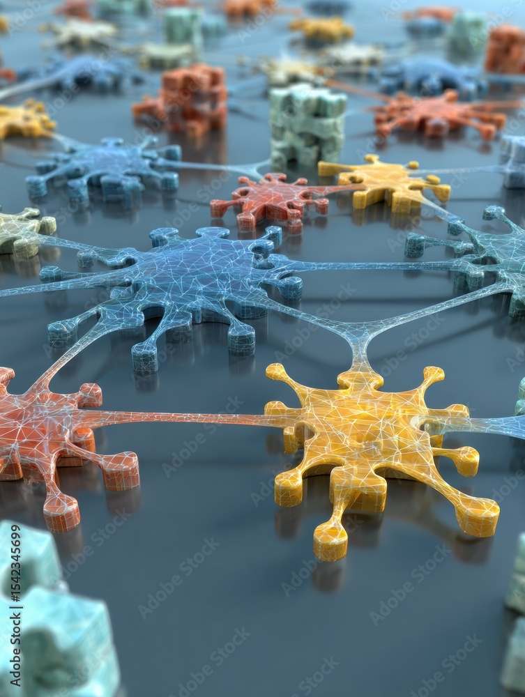 Poster Floating Puzzle Pieces Create an Intricate Visual of the Nervous System in a Colorful and Abstract Composition