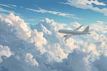 Skyward journey of a silver airplane cruising above fluffy white clouds in a serene blue sky during the late afternoon hours while reflecting the beauty of air travel