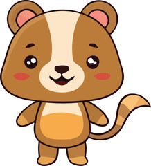 Cartoonish brown bear with a striped tail and a light beige face.