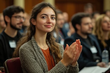 Senior man with white beard applauds at a corporate conference with a diverse audience during the daytime