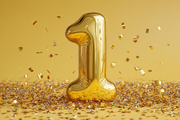 Golden Number One Balloon in Confetti