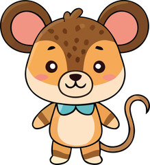 Cartoon Mouse Character with Brown Spots and a Blue Bow Tie Illustration.