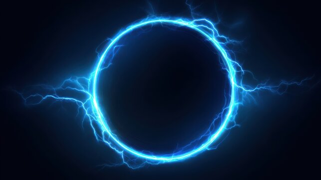 Stunning photo of electric blue lightning frame with plasma portal on dark background. Round glowing sphere with neon strikes. Energy circle border with flash spark effects for.