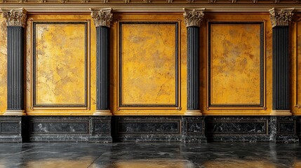 Grand Interior Design: Elegant Yellow and Black Marble Wall with Classic Columns