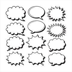 Twelve Black and White Comic Book Style Speech Bubbles