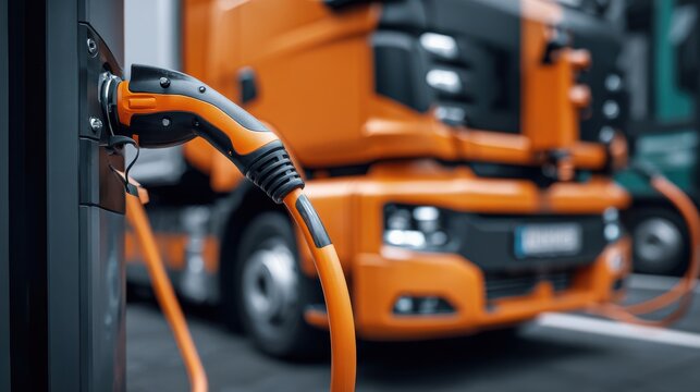 Stunning photo of close-up electric truck charged at charging station with orange power connector. Electric vehicle plugged in. Green energy transport concept. Zero emission. - Powered by Adobe
