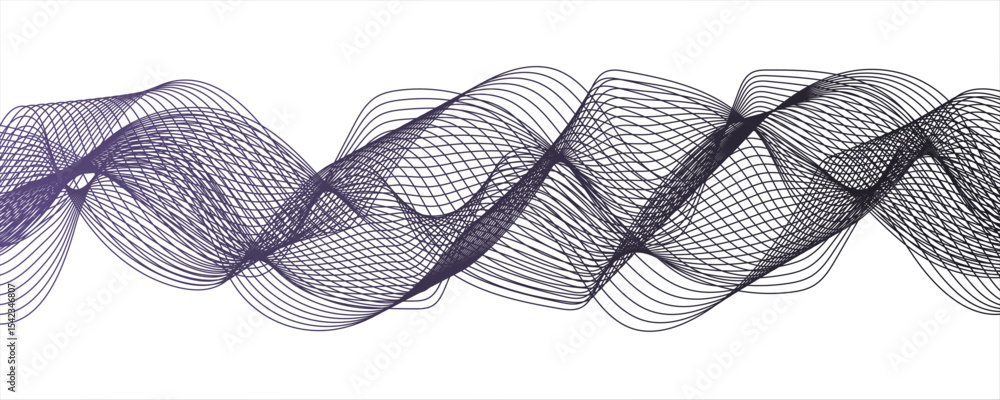 Poster abstract digital composition with smooth, flowing waveforms made of fine, parallel black lines.moder