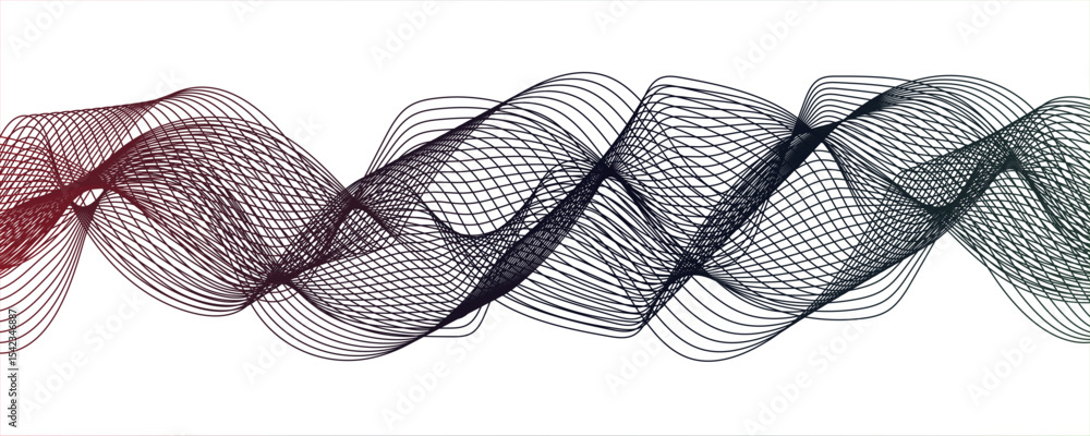 Poster abstract digital composition with smooth, flowing waveforms made of fine, parallel grey lines.modern