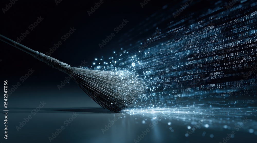 Aufkleber stunning photo of broom sweeps away digital dust. binary code background. futuristic tech concept. d