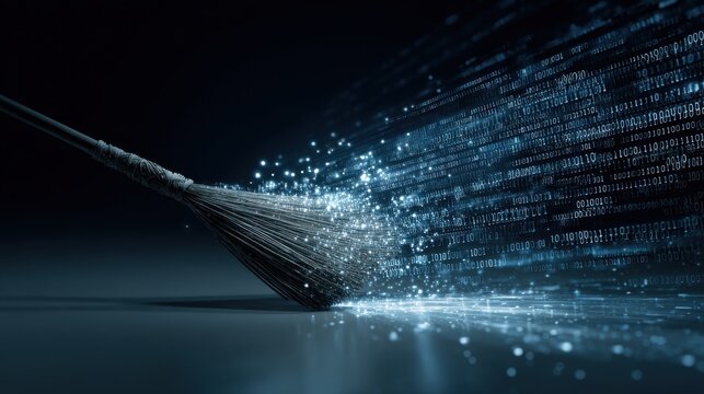 Stunning photo of broom sweeps away digital dust. Binary code background. Futuristic tech concept. Digital cleaning metaphor. System maintenance data cleansing. Innovation in. - Powered by Adobe
