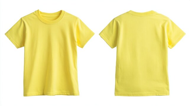 Stunning photo of blank yellow kids t-shirt mockup front, back view. Isolated on white background. Studio shot of plain light blue shirt. Casual attire. Empty template for.