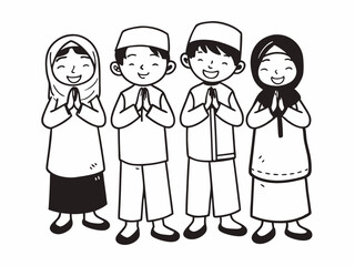 Happy Muslim Children in Traditional Clothing Eid al-Fitr or Eid al-Adha Greeting