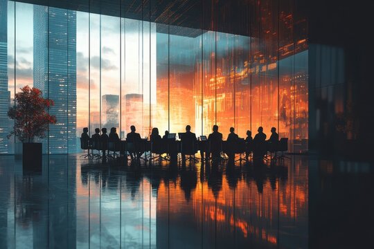 Business executives collaborate in futuristic meeting room overlooking city nightscape with advanced technology display