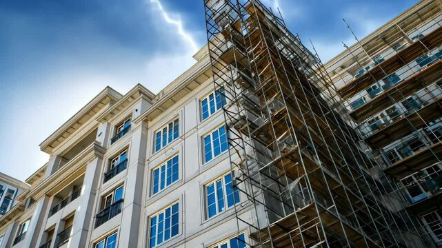 Urban building under renovation with metal scaffolding installed