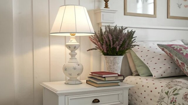 Cozy bedroom interior design ideas: bedside table decor with lamp, books, and lavender plant style