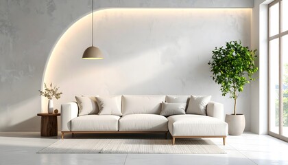 Sculptural Lighting Over Minimal Couch. Interior Design Mockup