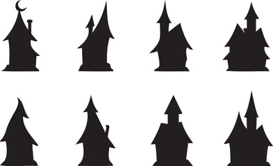 Set of fantasy house silhouettes with whimsical rooftops and magical architecture, perfect for fairy tales and fictional landscapes