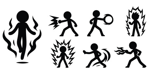 Set of minimal stickman silhouettes with glowing effects and superpowers including energy blasts, transformation, and fire attacks