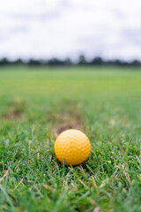 A vibrant yellow golf ball is resting on lush, green grass beneath a cloudy sky creating an...