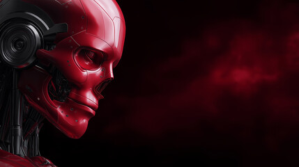 Futuristic Red Humanoid Cyborg in Soft Light Against Black Background