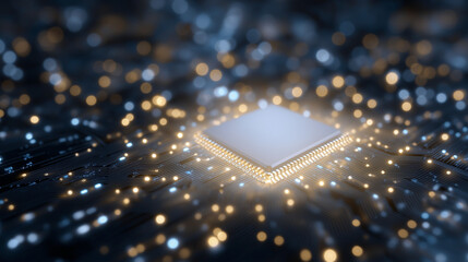 High-Tech Microchip Macro View with Illuminated Components