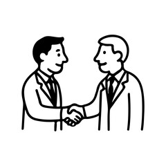 Two businessmen shaking hands in agreement, showcasing collaboration and partnership. Black and white vector illustration for business, teamwork, and success concepts.
