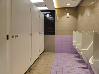 Interior of a bathroom with toilets. Design of sanitary facilities for personal care. Personal hygiene in public places. Ceramic products in everyday life.