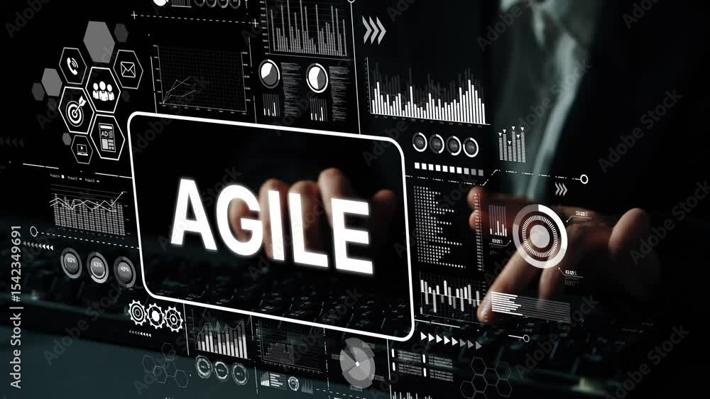 Poster hands typing on keyboard with agile framework visuals and digital graphs representing technology and