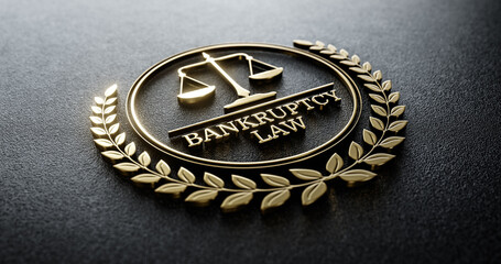 Bankruptcy Law: Golden Icon with Scales of Justice and text. Legal Concept