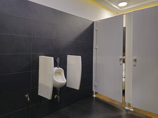 Interior of a bathroom with toilets. Design of sanitary facilities for personal care. Personal hygiene in public places. Ceramic products in everyday life.