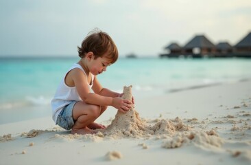 A boy on the beach building sand castles on the background of a shore with white sand and blue sea, on the background of a bungalow