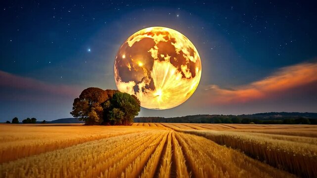 Full harvest moon with magical mood rising over golden wheat field, rural landscape under night sky, fantasy countryside and autumn concept - Powered by Adobe