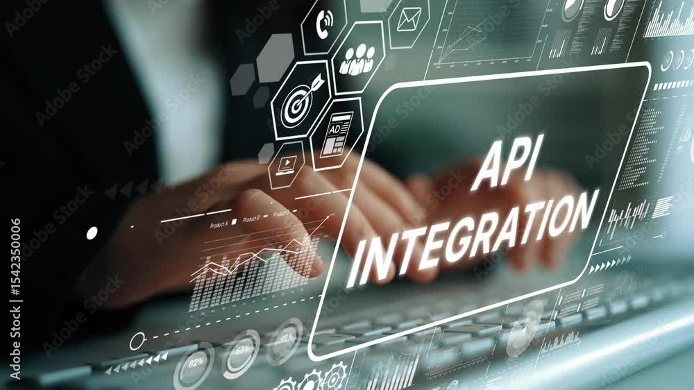 Poster business professional working on keyboard with api integration graphics and digital interface elemen