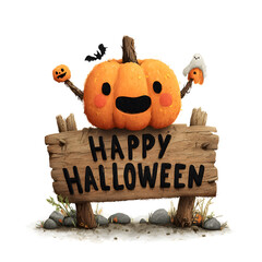 illustration of halloween pumpkin on wooden sign board