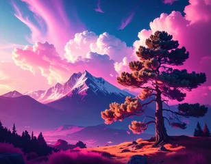 Gordijnen A lonely pine tree against the background of mountains and sky in pink tones, a mountain fairytale landscape © Дарья Потапова