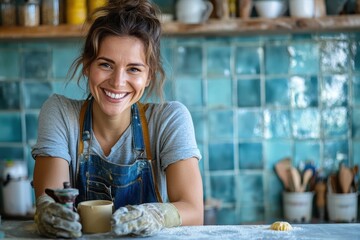 Smiling female potter wearing an apron looks at the viewer while working on pottery in her workshop during the daytime